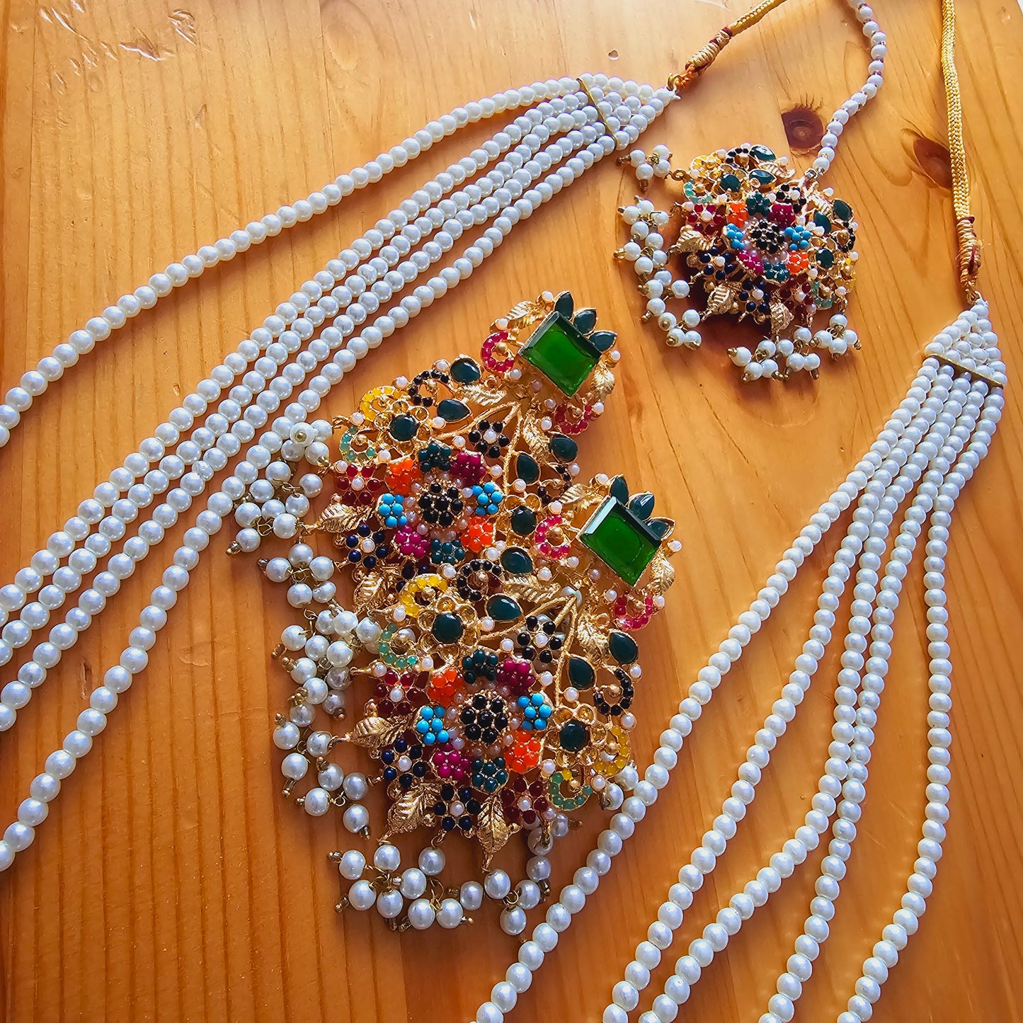 Pearl Maala Kundan Pendant Set with Zirconia || Long Dangled Jhumkas with Nauratan Maala