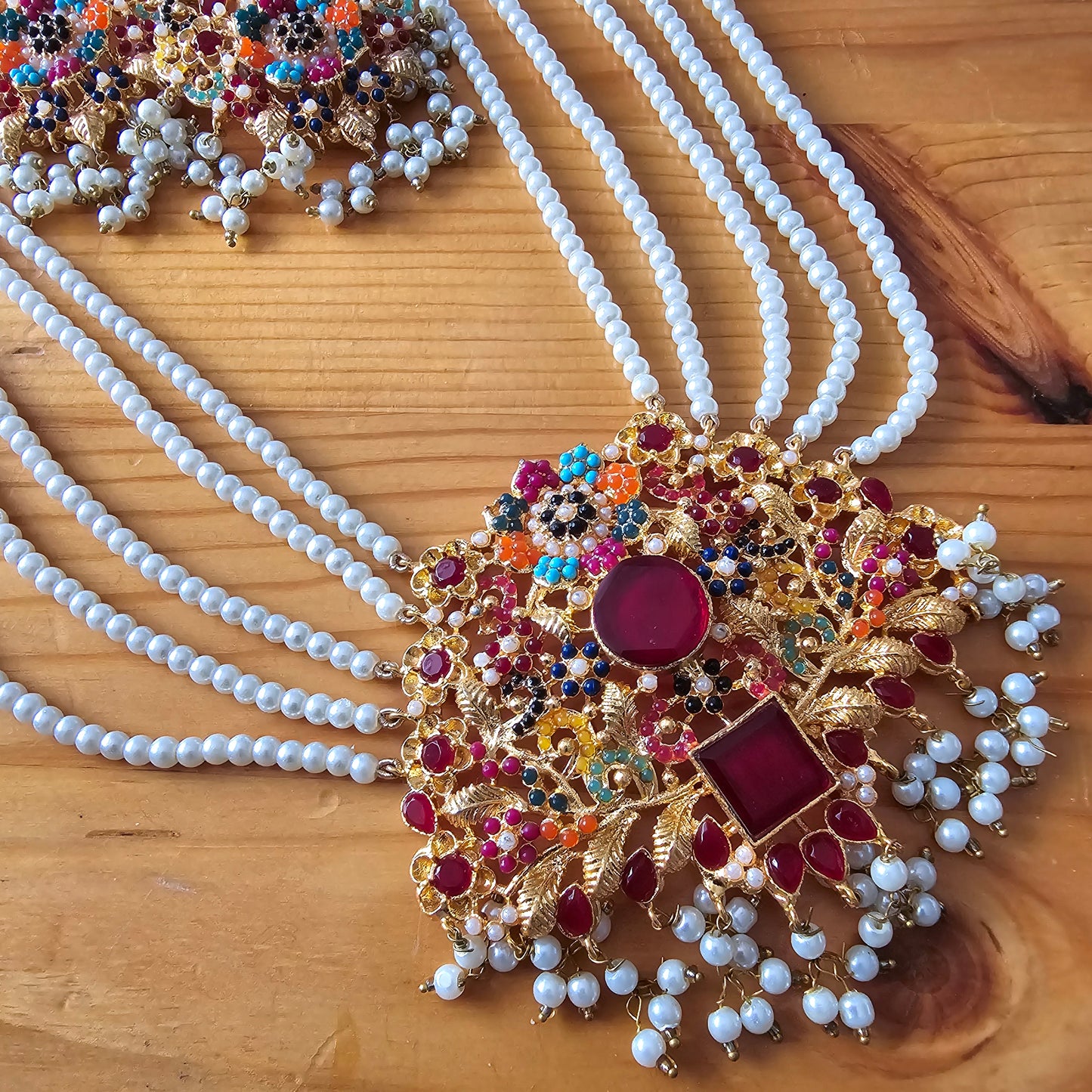 Pearl Maala Kundan Pendant Set with Zirconia || Long Dangled Jhumkas with Nauratan Maala