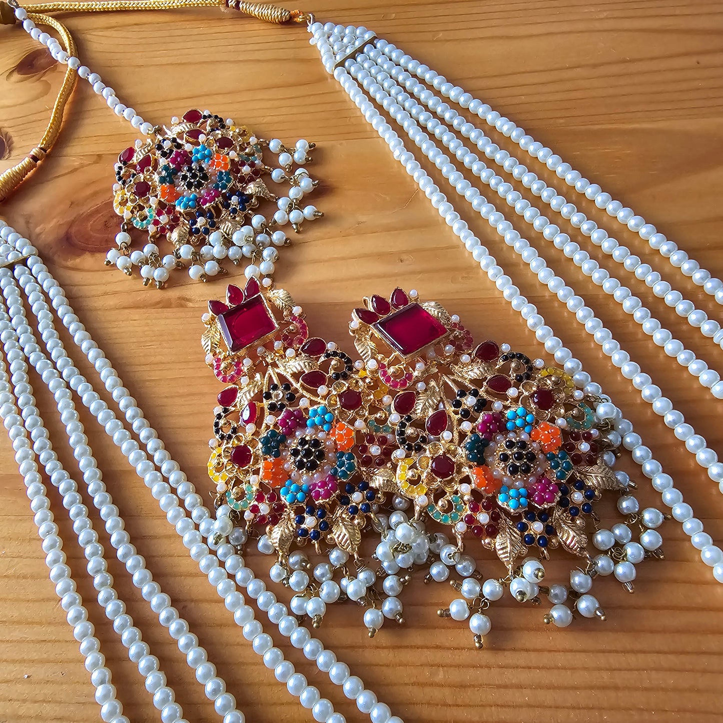 Pearl Maala Kundan Pendant Set with Zirconia || Long Dangled Jhumkas with Nauratan Maala