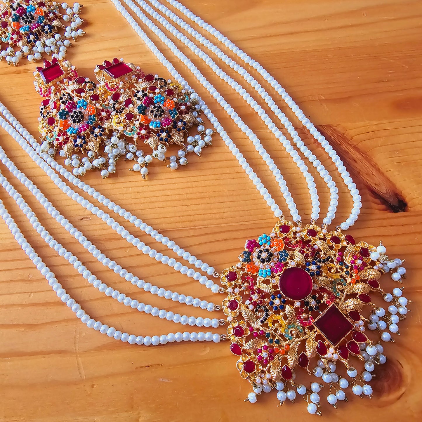 Pearl Maala Kundan Pendant Set with Zirconia || Long Dangled Jhumkas with Nauratan Maala