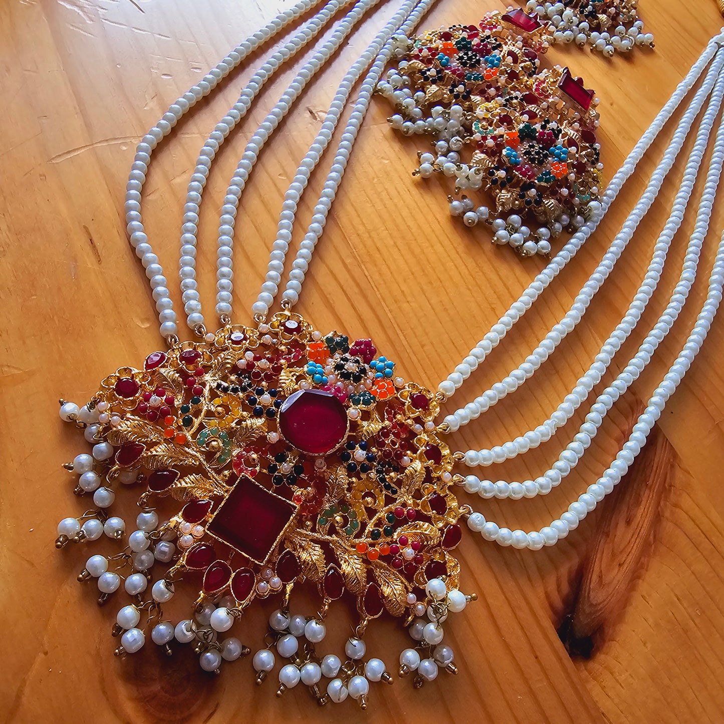 Pearl Maala Kundan Pendant Set with Zirconia || Long Dangled Jhumkas with Nauratan Maala