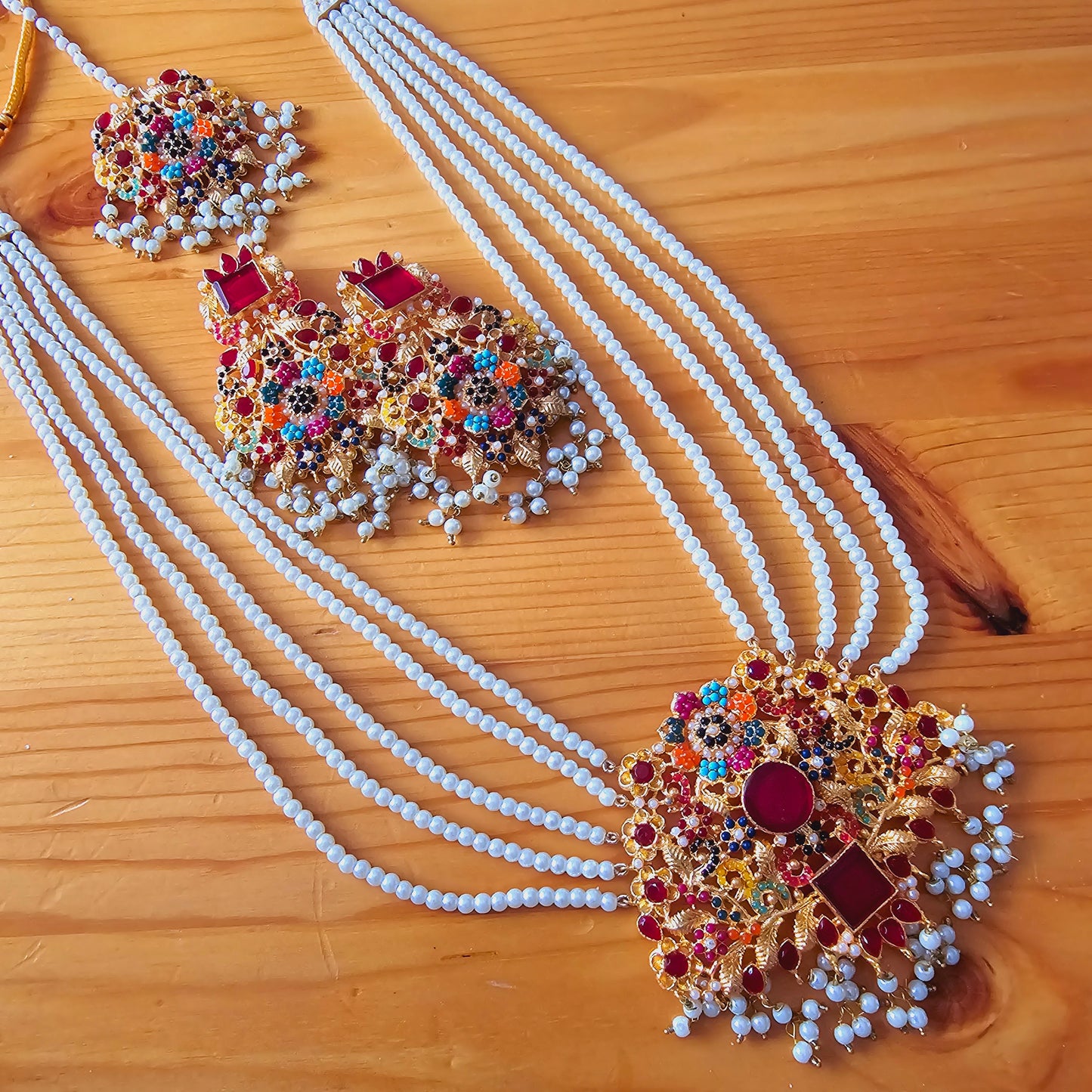 Pearl Maala Kundan Pendant Set with Zirconia || Long Dangled Jhumkas with Nauratan Maala