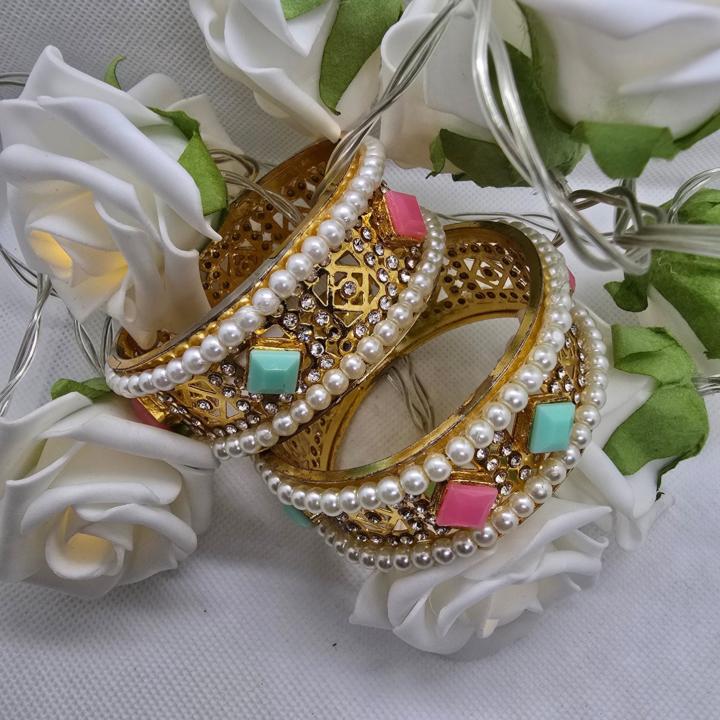 Old Style Kara Pair with White Pearls