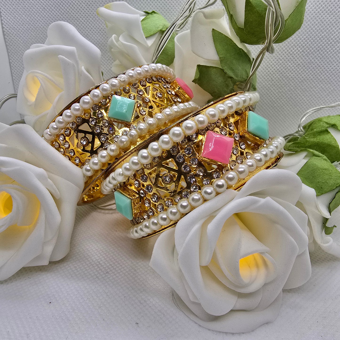 Old Style Kara Pair with White Pearls