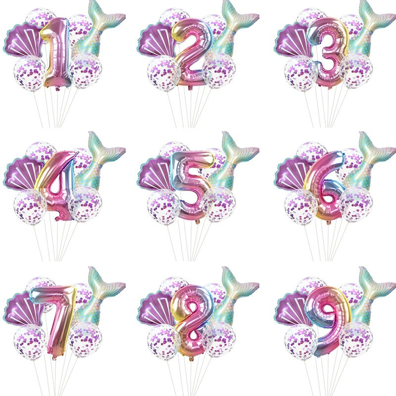 7pcs/set Mermaid Party Balloons 32inch Number Foil Balloon Birthday Party Decorations Kids Baby Shower Decor Helium Globes