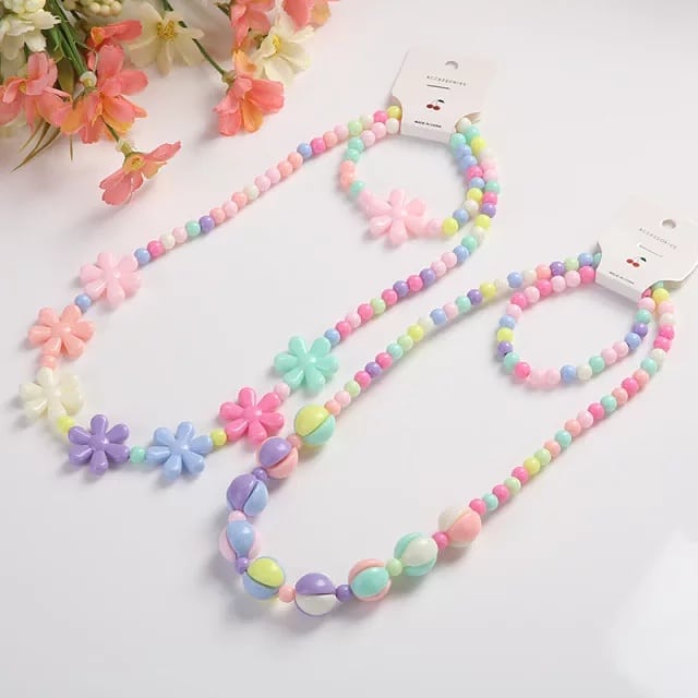 2 Pcs/Set Girls Wooden Jewelry - Rainbow Necklace and Bracelet Gift for Kids