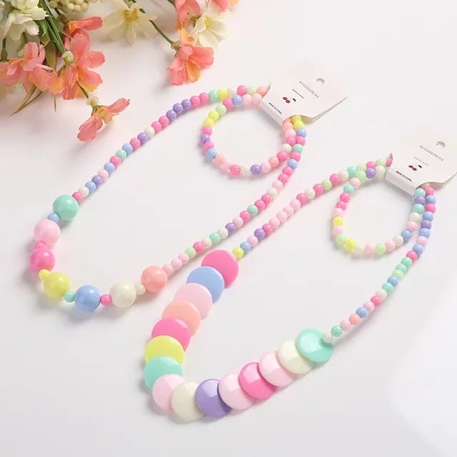 2 Pcs/Set Girls Wooden Jewelry - Rainbow Necklace and Bracelet Gift for Kids