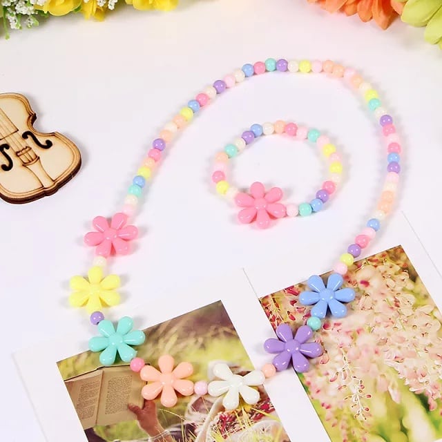 2 Pcs/Set Girls Wooden Jewelry - Rainbow Necklace and Bracelet Gift for Kids