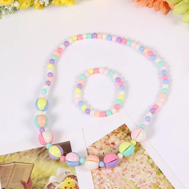 2 Pcs/Set Girls Wooden Jewelry - Rainbow Necklace and Bracelet Gift for Kids