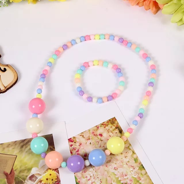 2 Pcs/Set Girls Wooden Jewelry - Rainbow Necklace and Bracelet Gift for Kids
