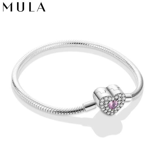 MULA 1PC Silver Plated Snake Chain Heart Shape Clasp Charm Bracelet