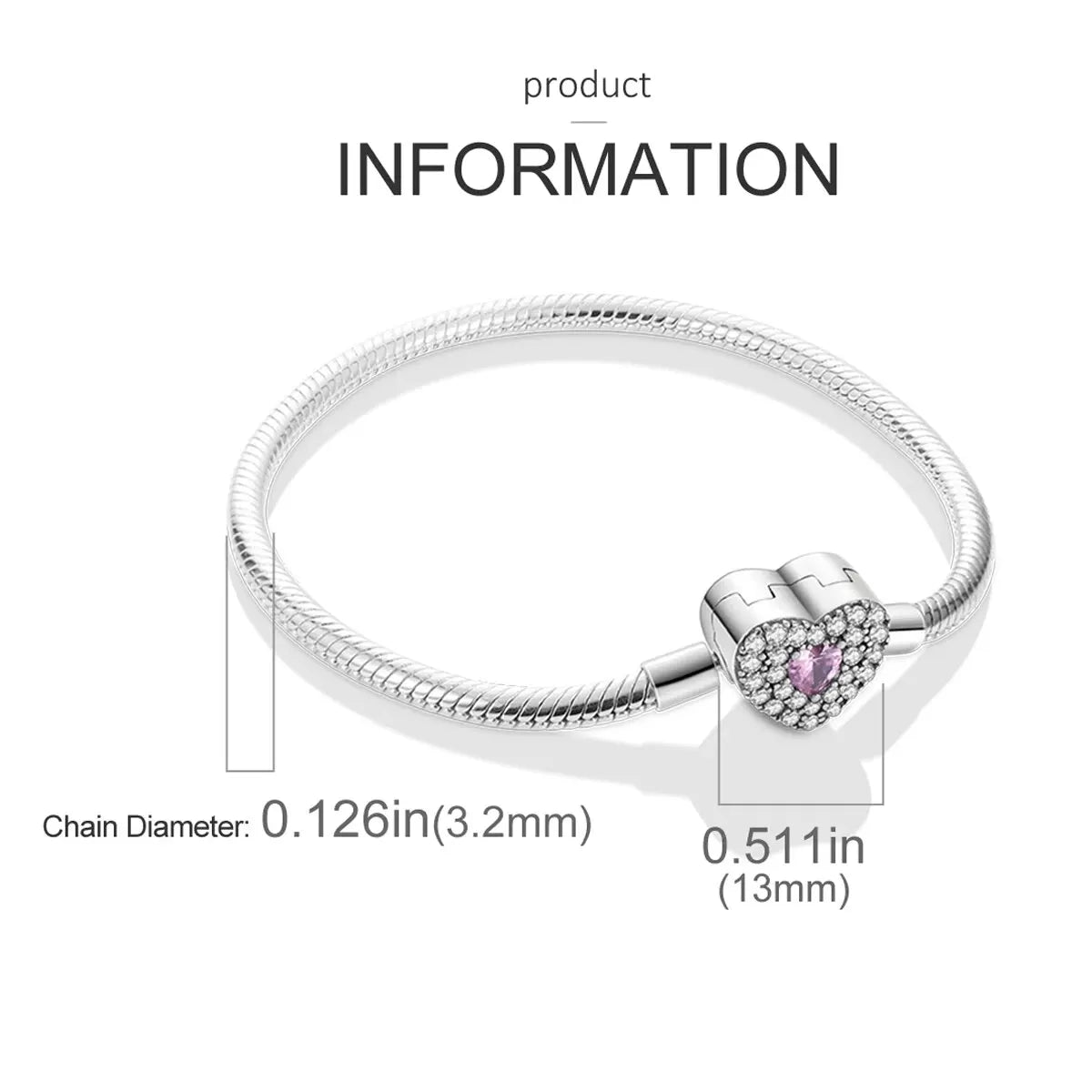 MULA 1PC Silver Plated Snake Chain Heart Shape Clasp Charm Bracelet