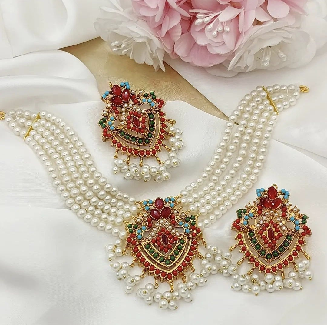 Asian Indian Pakistani Bollywood Designer Jewellery Set || Long Mala Rani Haar Earrings || Gold Plated Polki Stones Pearl Eid Party Wear
