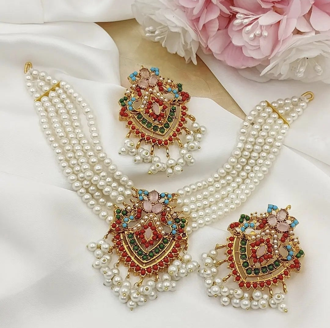 Asian Indian Pakistani Bollywood Designer Jewellery Set || Long Mala Rani Haar Earrings || Gold Plated Polki Stones Pearl Eid Party Wear