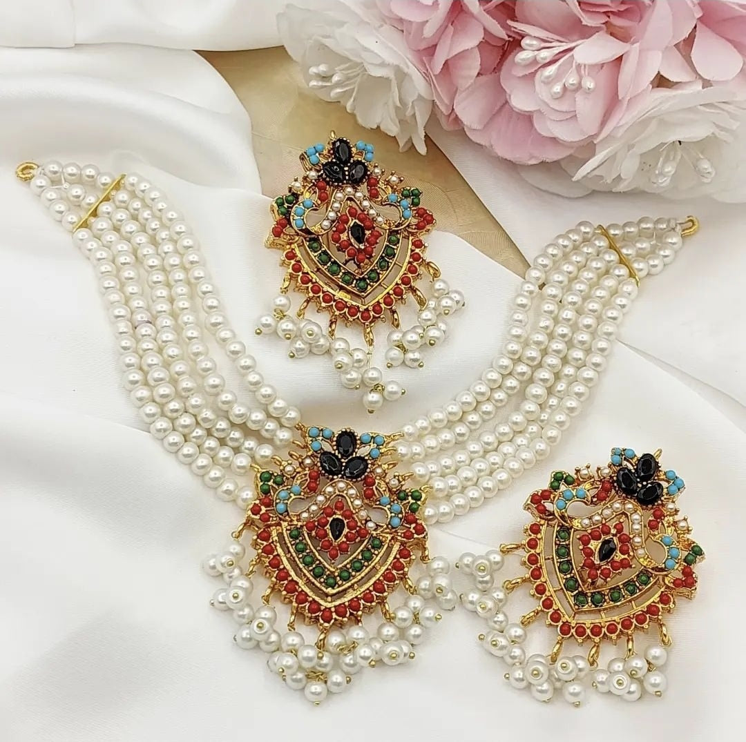 Asian Indian Pakistani Bollywood Designer Jewellery Set || Long Mala Rani Haar Earrings || Gold Plated Polki Stones Pearl Eid Party Wear
