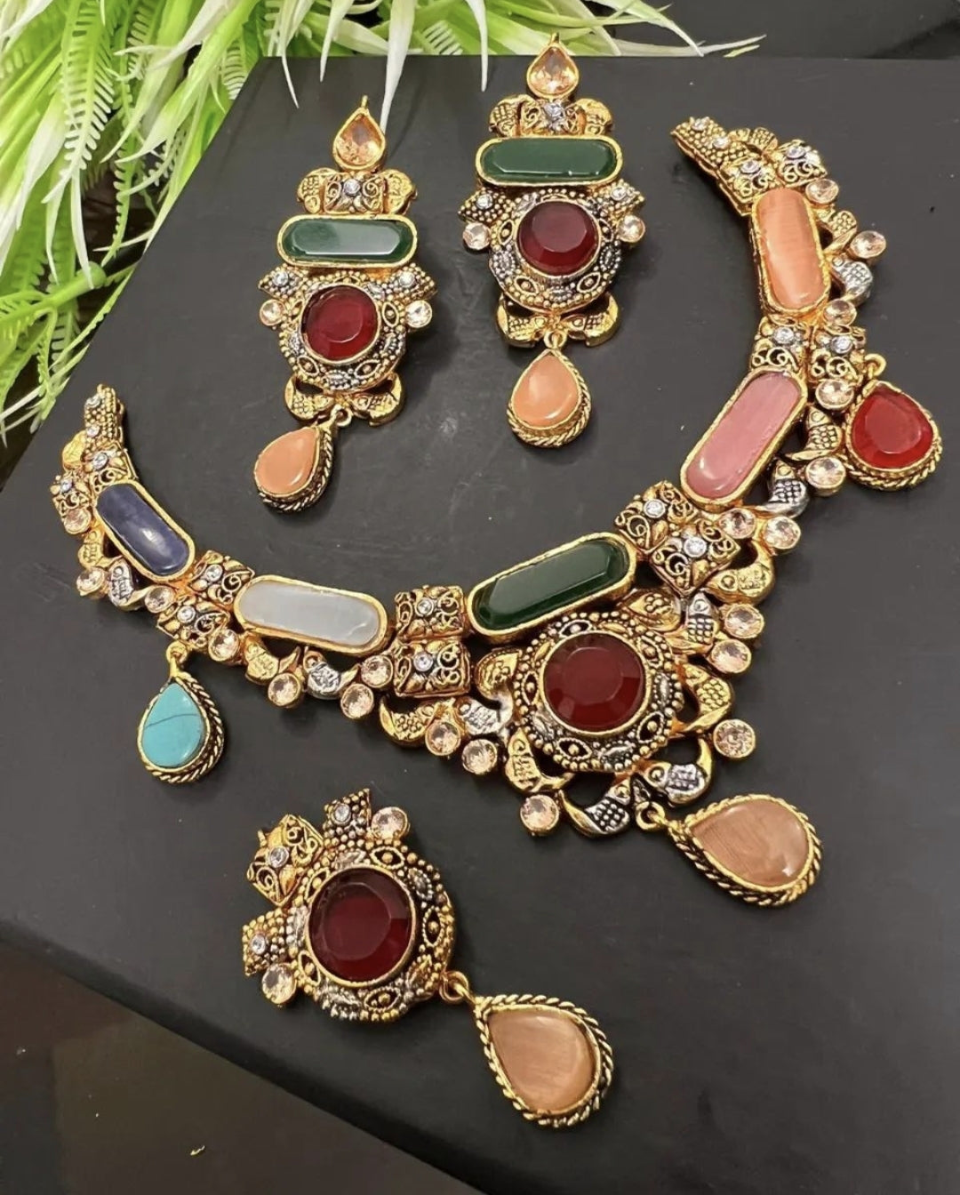 Indian/ Pakistani Nauratan Choker with Jhumkas and Tikka
