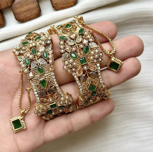 Indian Pakistani Gold Plated Wide Kara Set With Zircon Stones