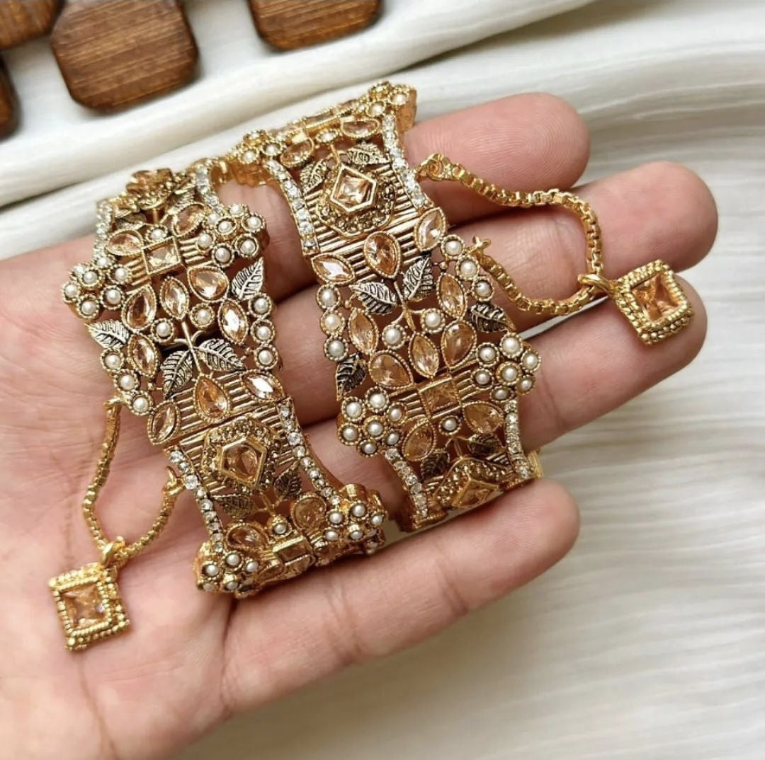 Indian Pakistani Gold Plated Wide Kara Set With Zircon Stones