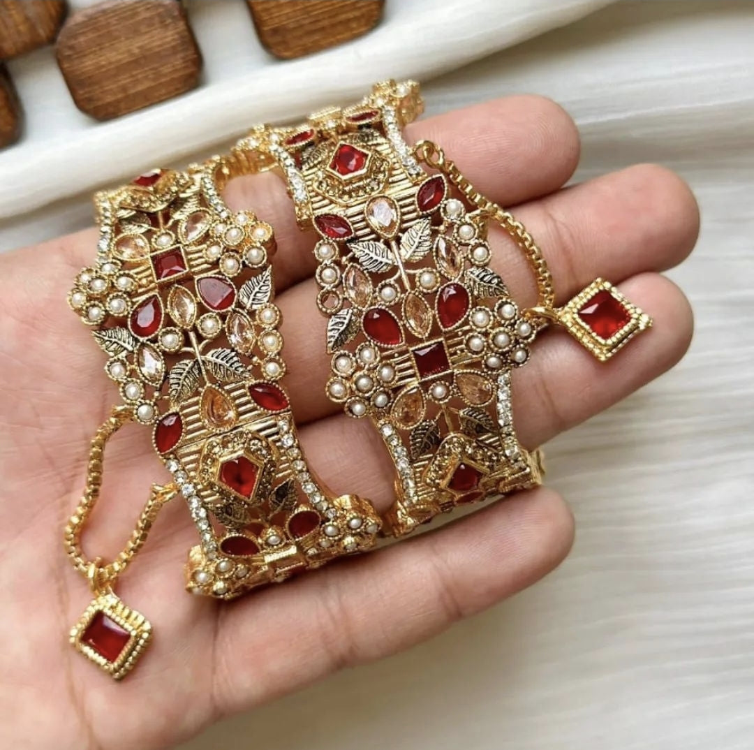 Indian Pakistani Gold Plated Wide Kara Set With Zircon Stones