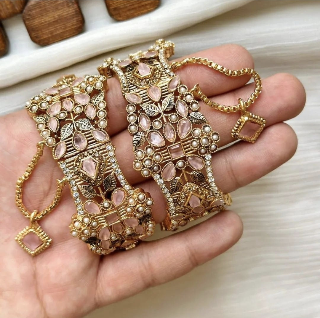 Indian Pakistani Gold Plated Wide Kara Set With Zircon Stones