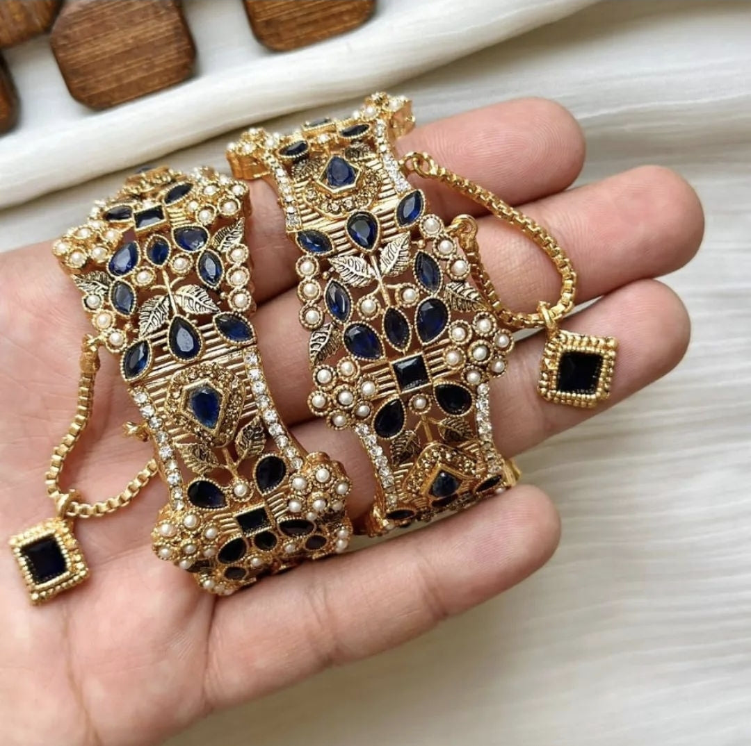 Indian Pakistani Gold Plated Wide Kara Set With Zircon Stones