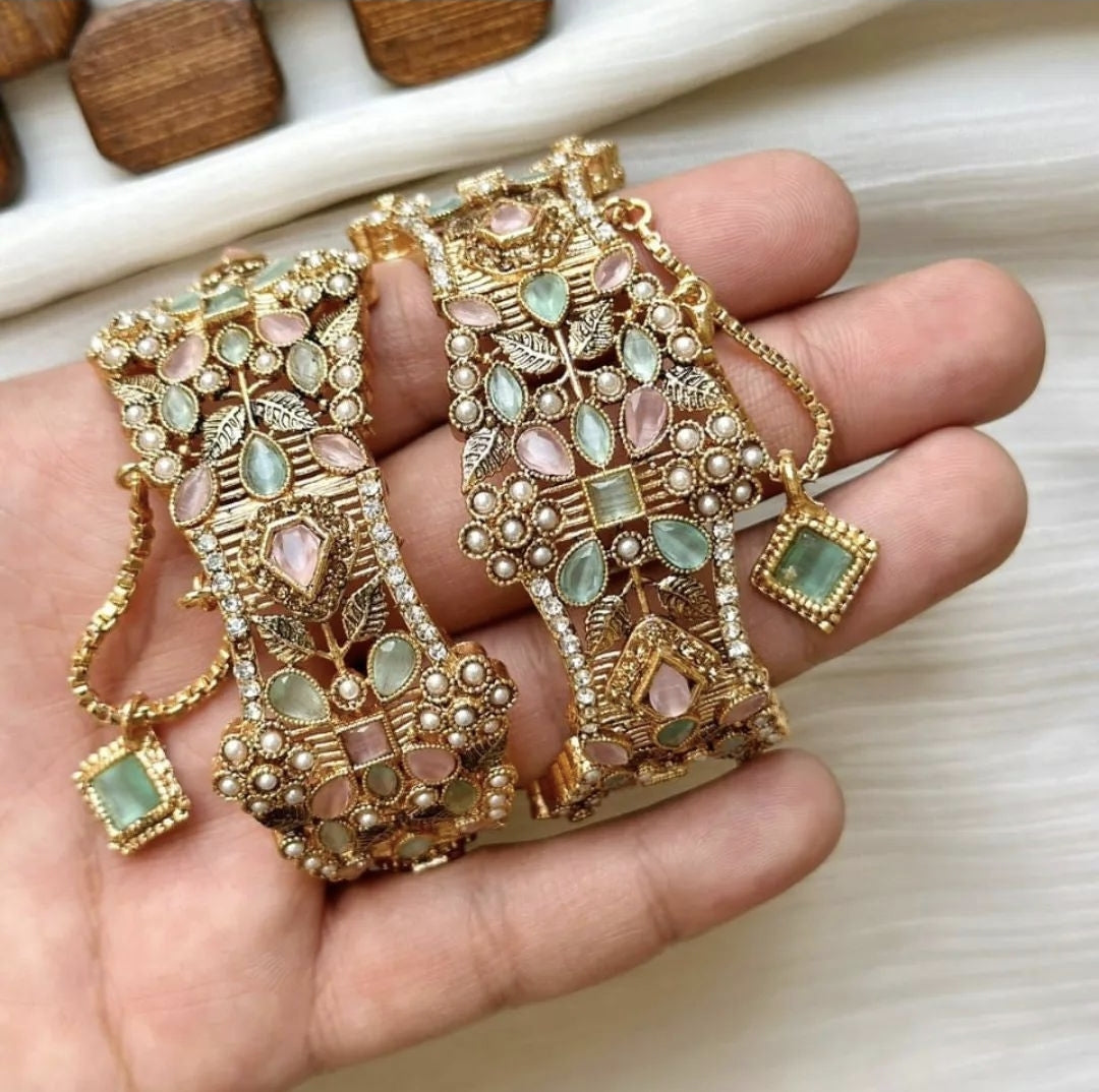 Indian Pakistani Gold Plated Wide Kara Set With Zircon Stones
