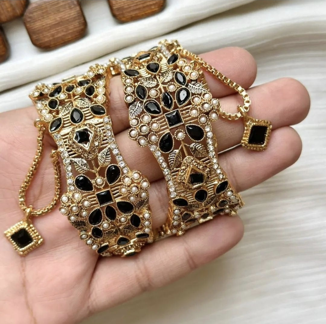 Indian Pakistani Gold Plated Wide Kara Set With Zircon Stones