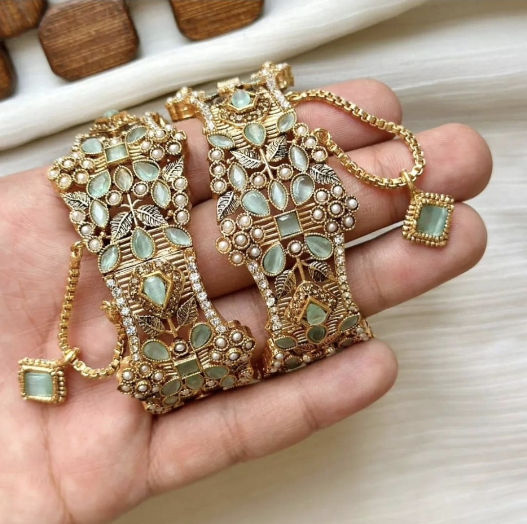 Indian Pakistani Gold Plated Wide Kara Set With Zircon Stones