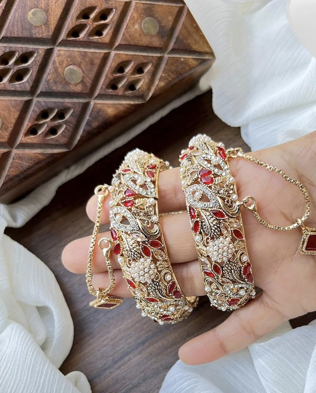 Indian Pakistani Gold Plated Wide Kara Set || Nauratan Bangle Pair