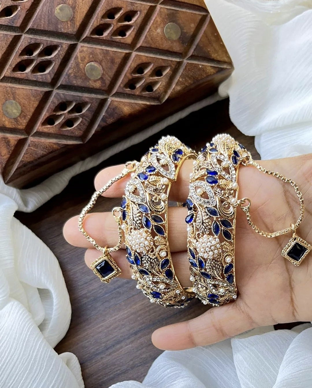 Indian Pakistani Gold Plated Wide Kara Set || Nauratan Bangle Pair