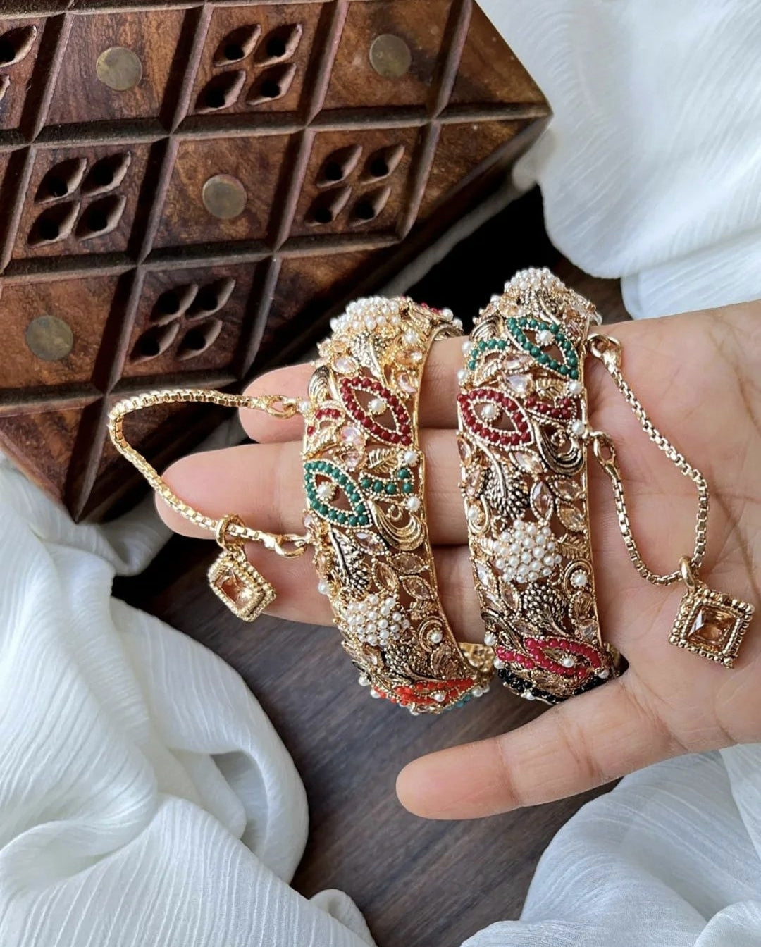 Indian Pakistani Gold Plated Wide Kara Set || Nauratan Bangle Pair