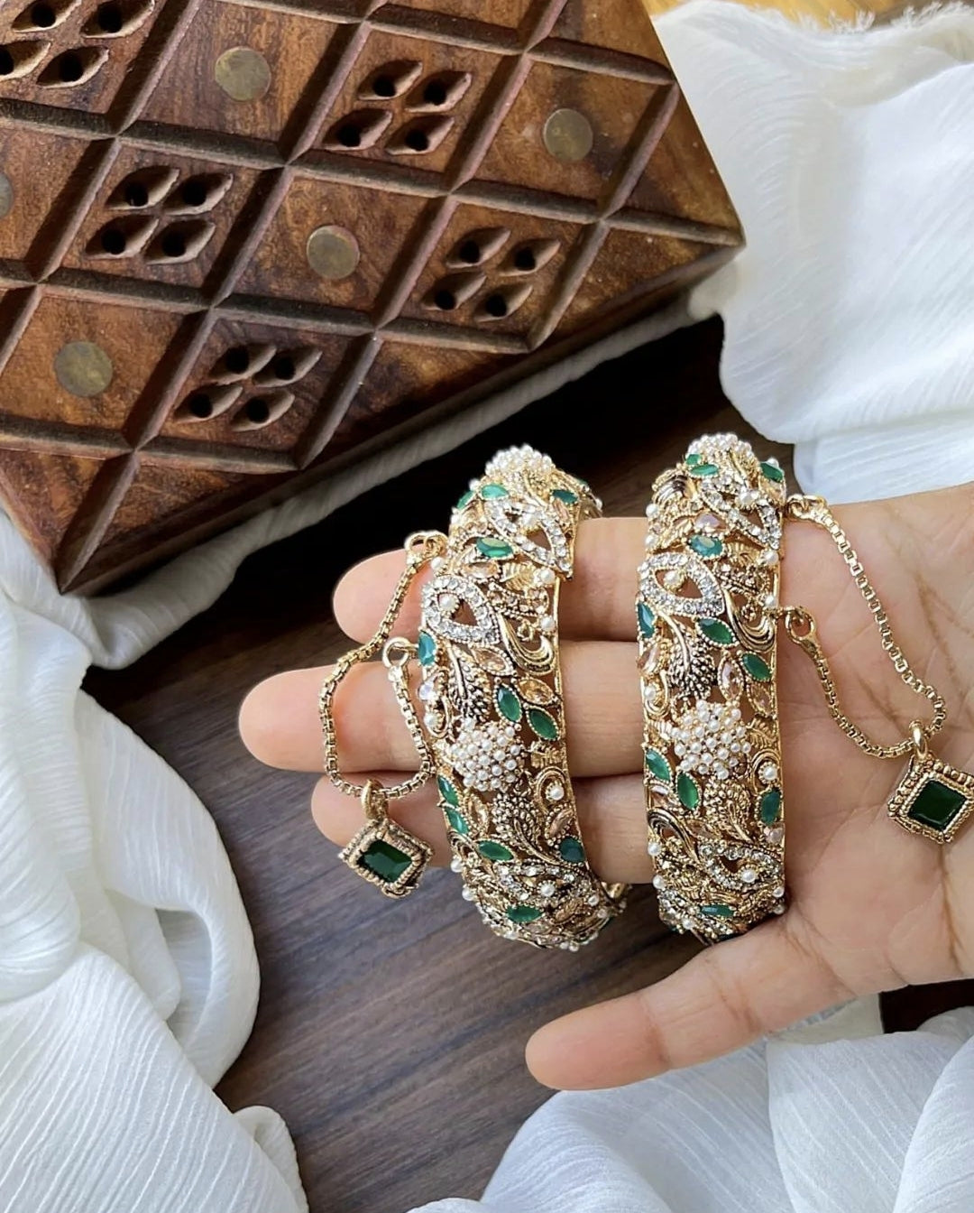 Indian Pakistani Gold Plated Wide Kara Set || Nauratan Bangle Pair