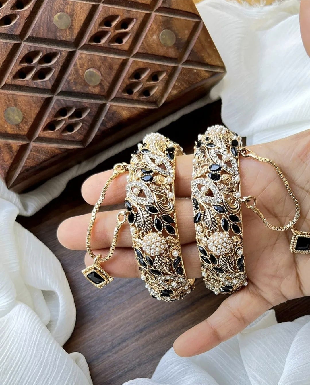 Indian Pakistani Gold Plated Wide Kara Set || Nauratan Bangle Pair