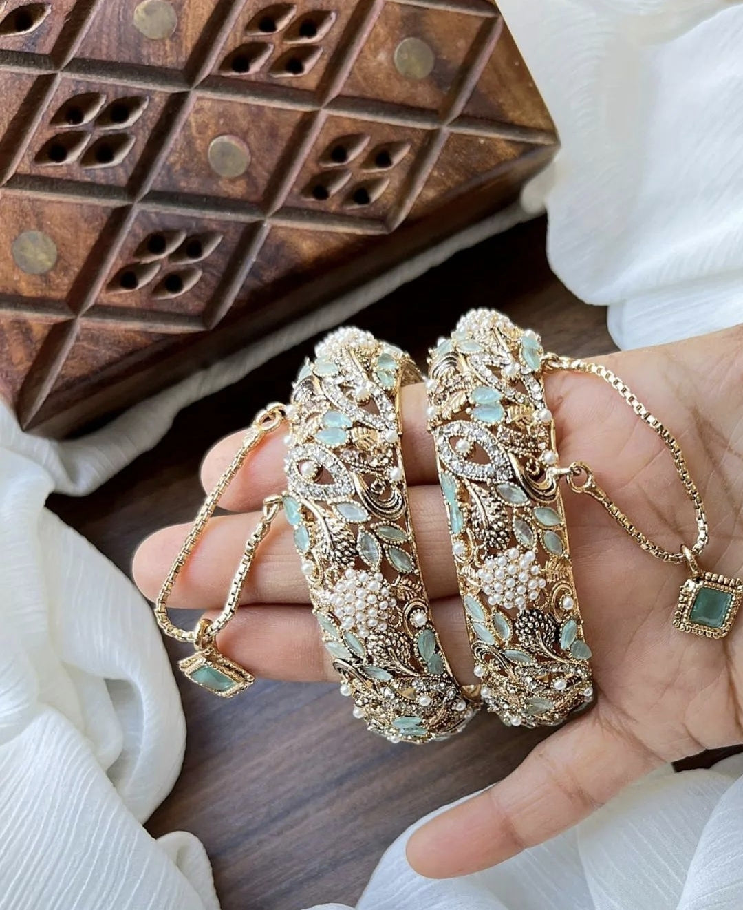 Indian Pakistani Gold Plated Wide Kara Set || Nauratan Bangle Pair