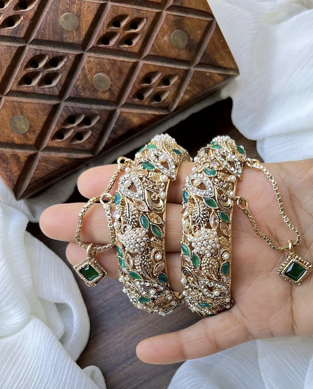 Indian Pakistani Gold Plated Wide Kara Set || Nauratan Bangle Pair