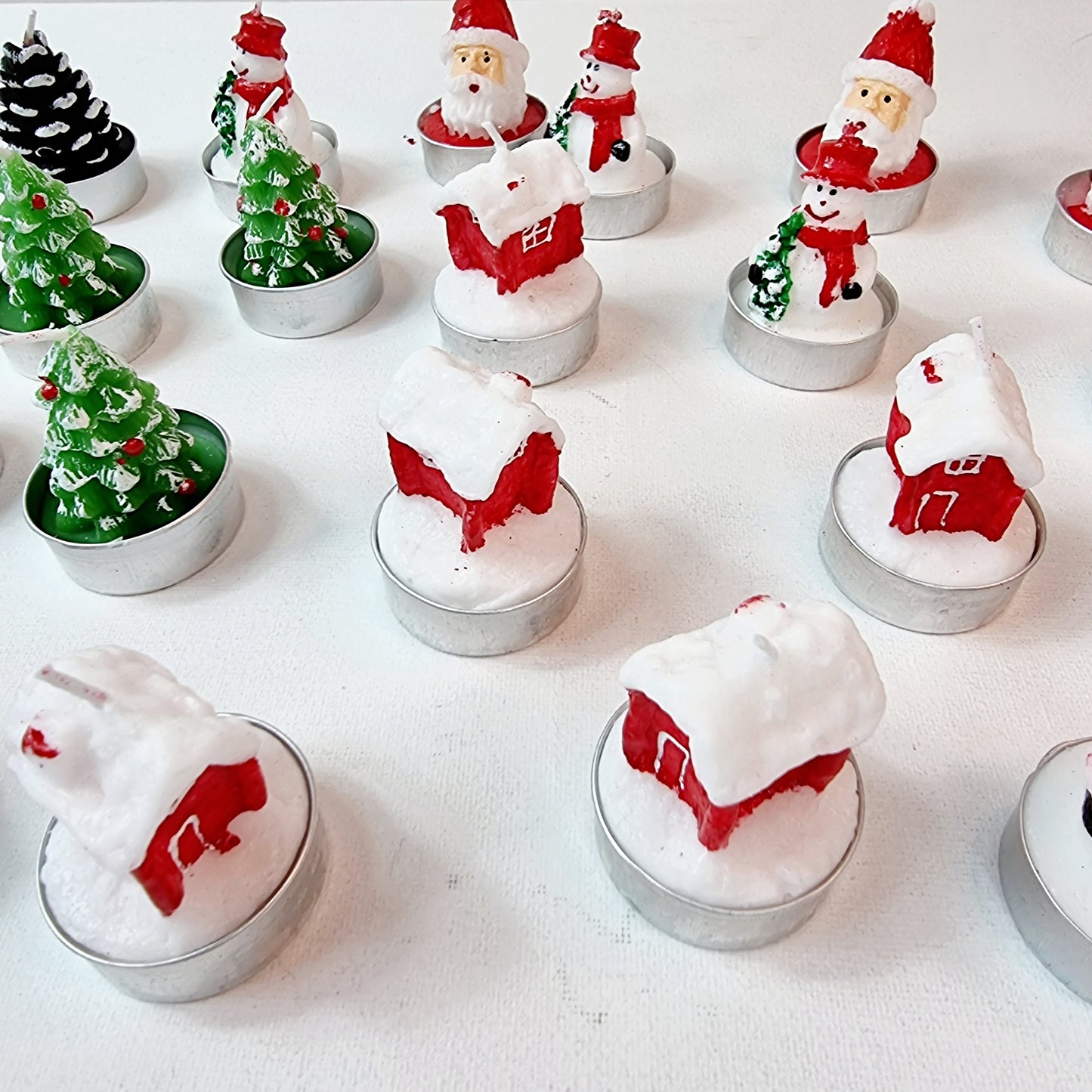 9 or 15 Mini Christmas Unscented Tealights, Designs Include Xmas Tree, Snowman, Home & Santa Shaped Candles || Table Decor, Hand Painted