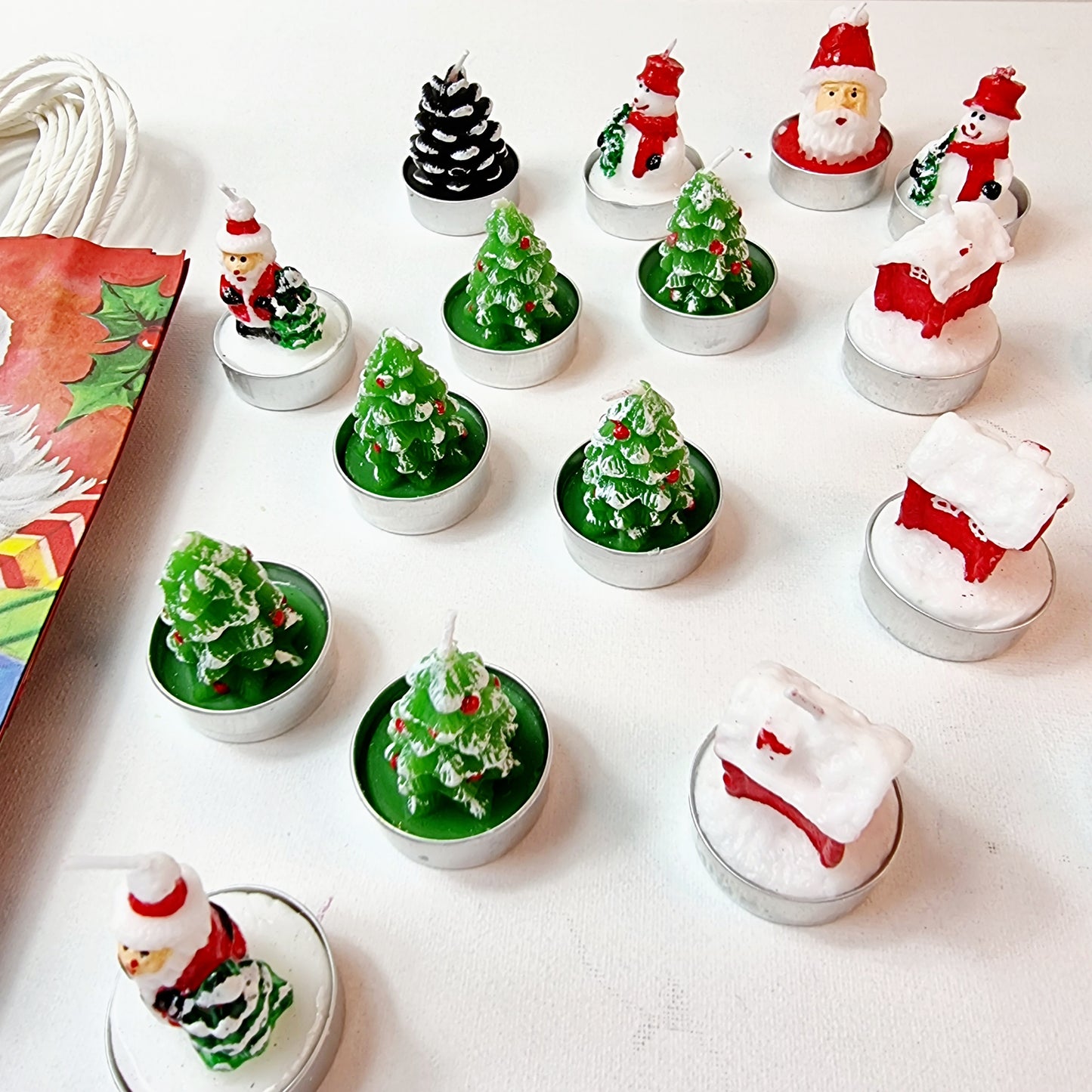 9 or 15 Mini Christmas Unscented Tealights, Designs Include Xmas Tree, Snowman, Home & Santa Shaped Candles || Table Decor, Hand Painted