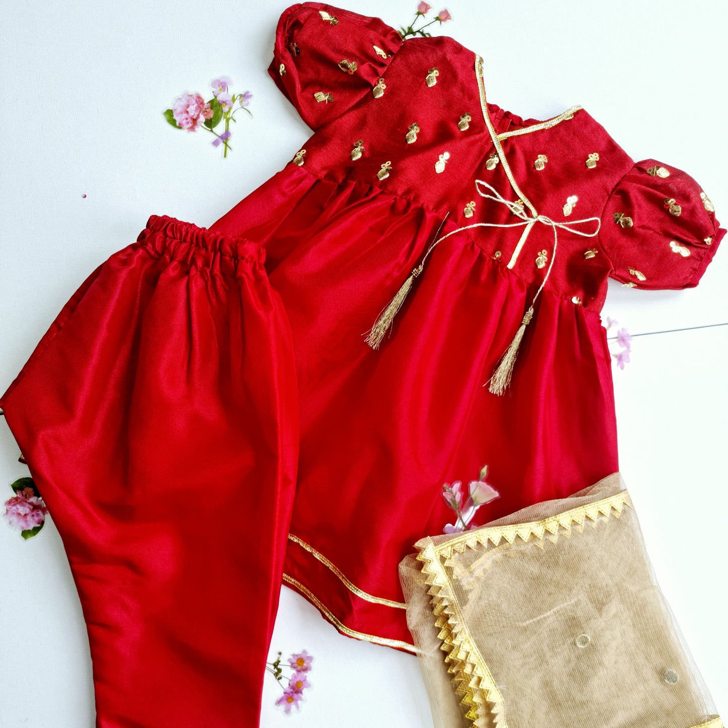 Indian Pakistani Dress | Red Chiffon Frock and Trouser | Shalwar Kameez | Girls Embroidered Suit Kids Ethnic Wear Perfect for Diwali & Eid
