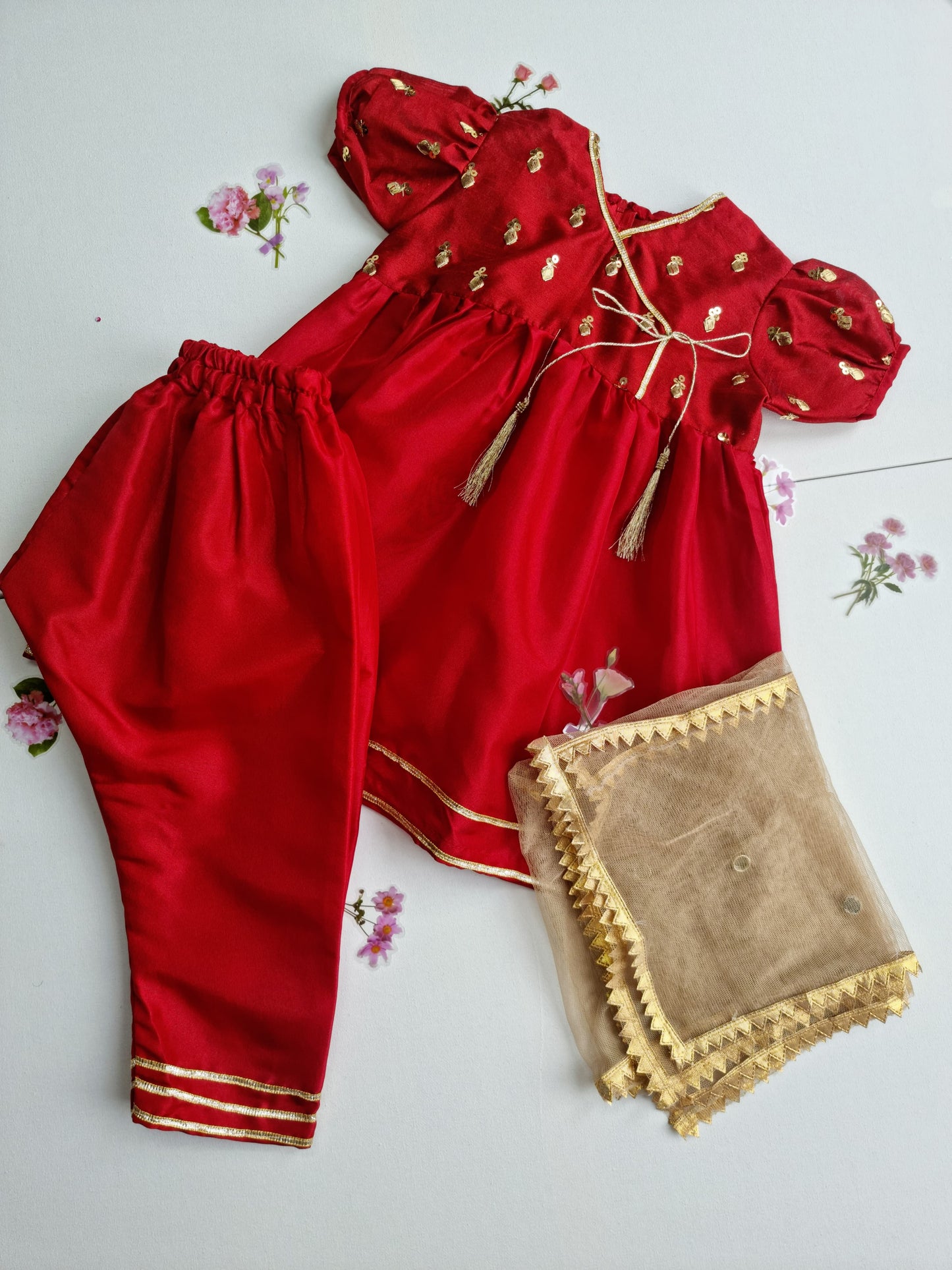 Indian Pakistani Dress | Red Chiffon Frock and Trouser | Shalwar Kameez | Girls Embroidered Suit Kids Ethnic Wear Perfect for Diwali & Eid