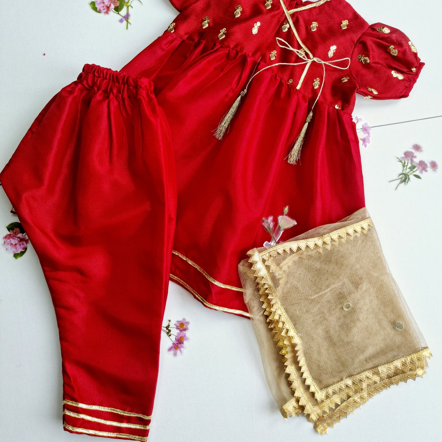 Indian Pakistani Dress | Red Chiffon Frock and Trouser | Shalwar Kameez | Girls Embroidered Suit Kids Ethnic Wear Perfect for Diwali & Eid