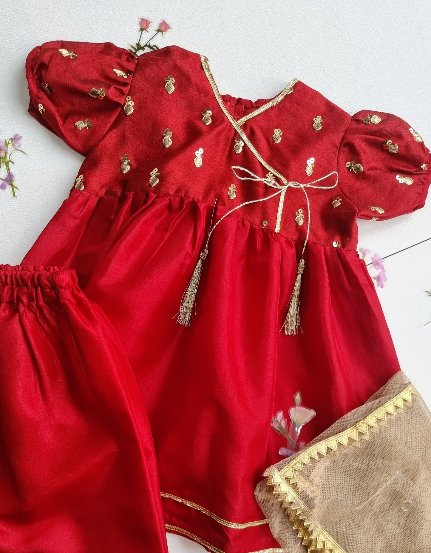 Indian Pakistani Dress | Red Chiffon Frock and Trouser | Shalwar Kameez | Girls Embroidered Suit Kids Ethnic Wear Perfect for Diwali & Eid