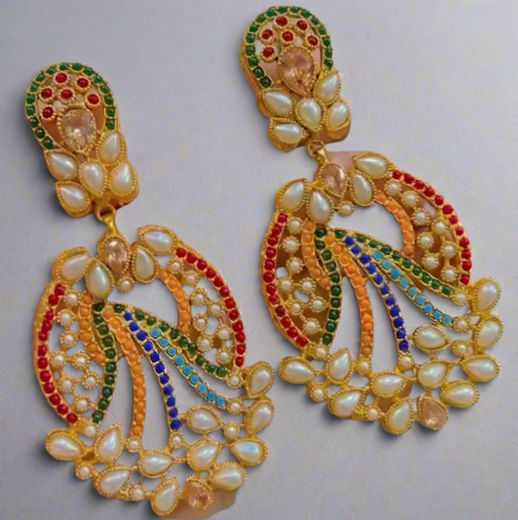 Nauratan Earrings Gold Plated Premium Quality / Indian Pakistani Shaadi Jhumkas