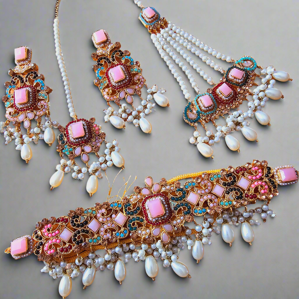 Kundan Choker Set || Tea Pink Jhumar Teeka Neckline Bridal Set