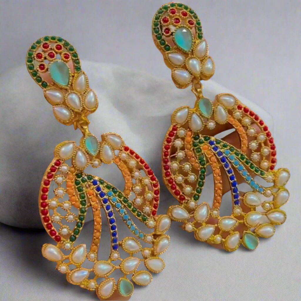 Nauratan Earrings Gold Plated Premium Quality / Indian Pakistani Shaadi Jhumkas