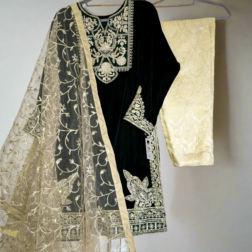 Eid Collection Velvet Navy Blue Outfit Pakistani Partywear Shalwar Kameez