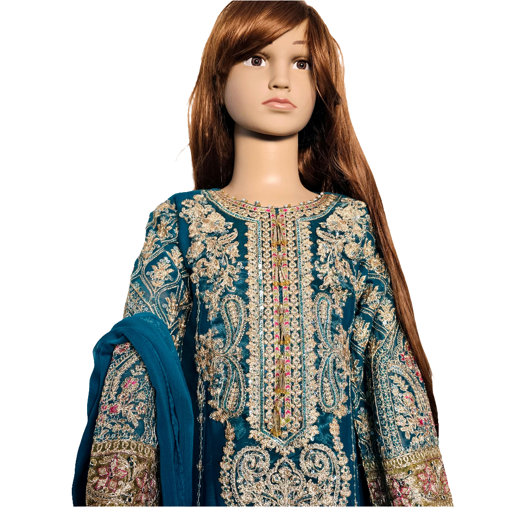 Eid Collection 2025 | Baby Girl Bottle Green Embroidered 3Pc Kameez Shalwar for Eid & Party wear