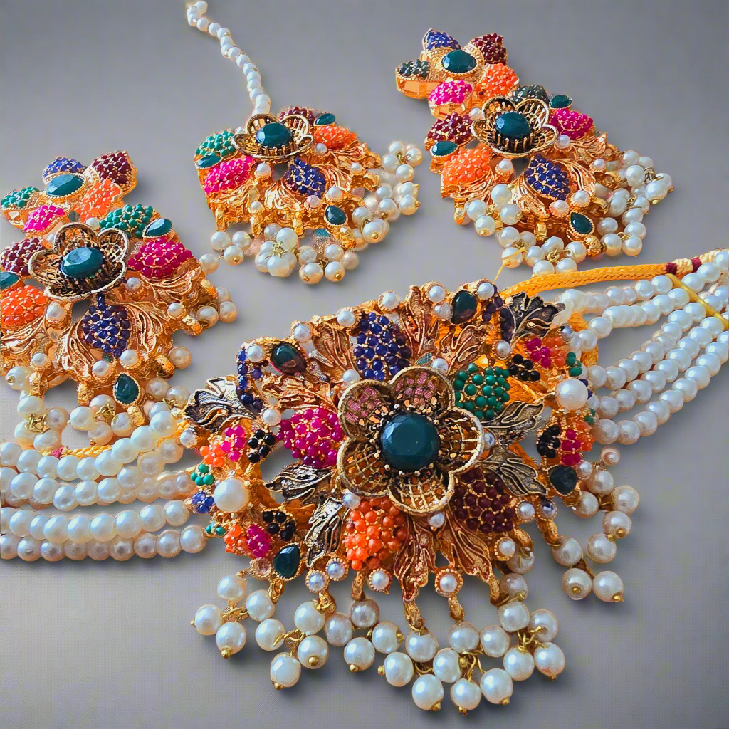 Kundan Choker Set with Zirconia || Indian/ Pakistani/ Asian Neckline Set with Long Jhumkas