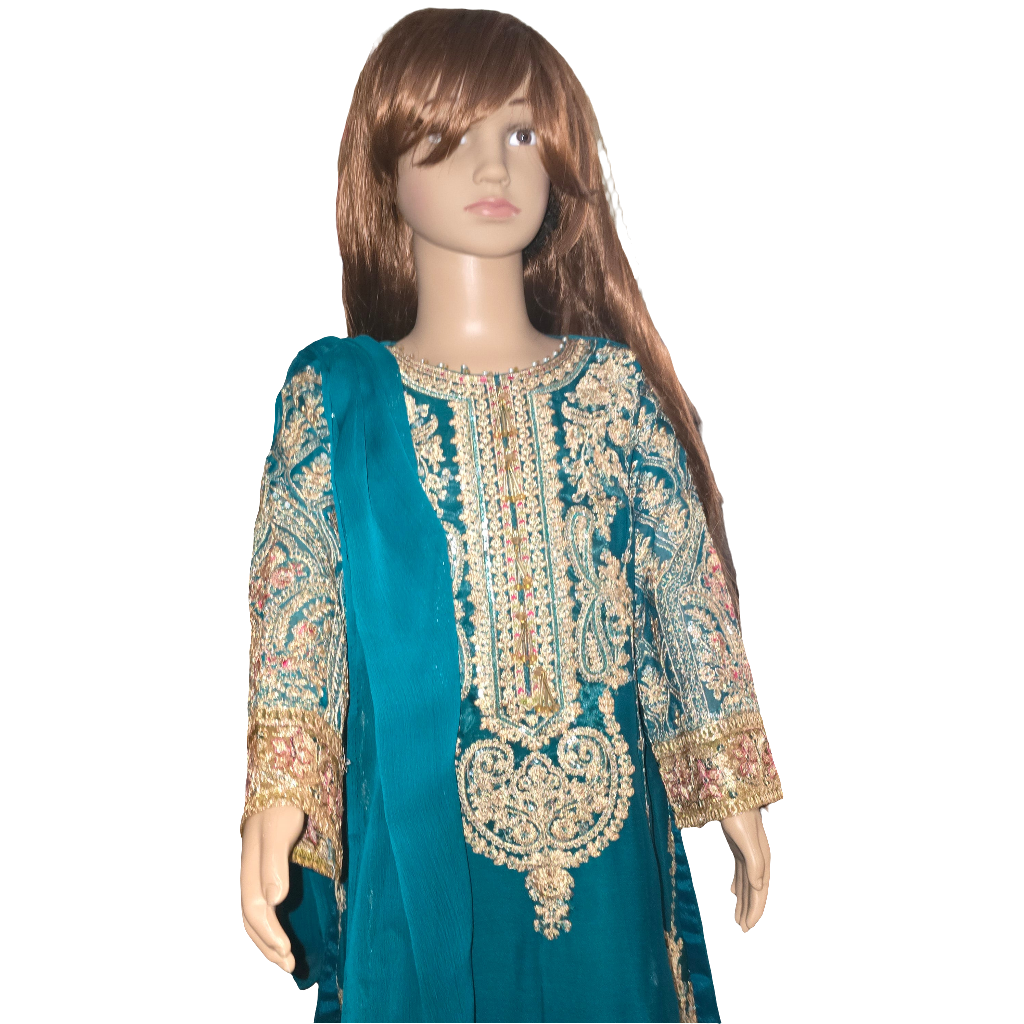 Eid Collection 2025 | Baby Girl Bottle Green Embroidered 3Pc Kameez Shalwar for Eid & Party wear