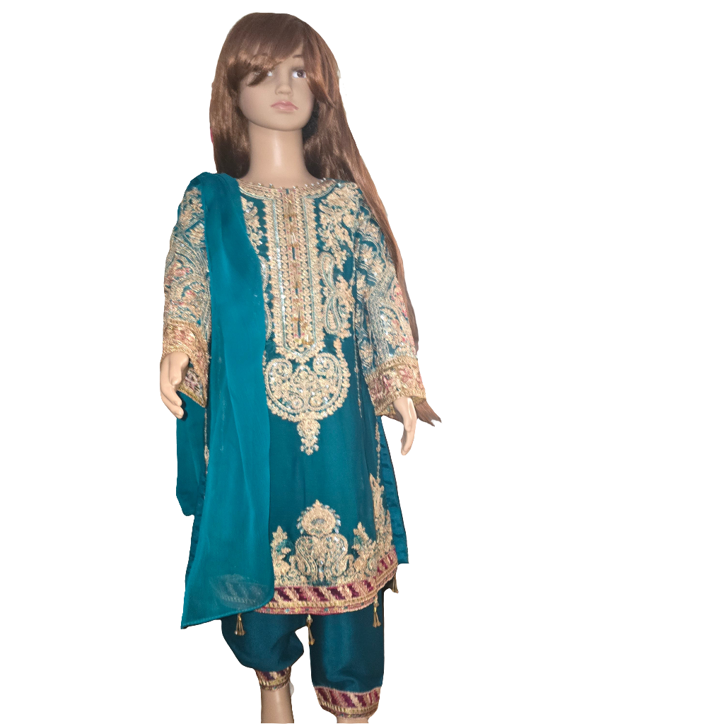 Eid Collection 2025 | Baby Girl Bottle Green Embroidered 3Pc Kameez Shalwar for Eid & Party wear