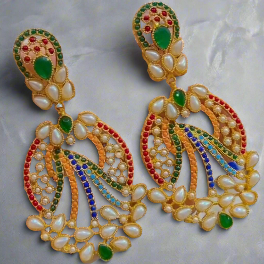 Nauratan Earrings Gold Plated Premium Quality / Indian Pakistani Shaadi Jhumkas